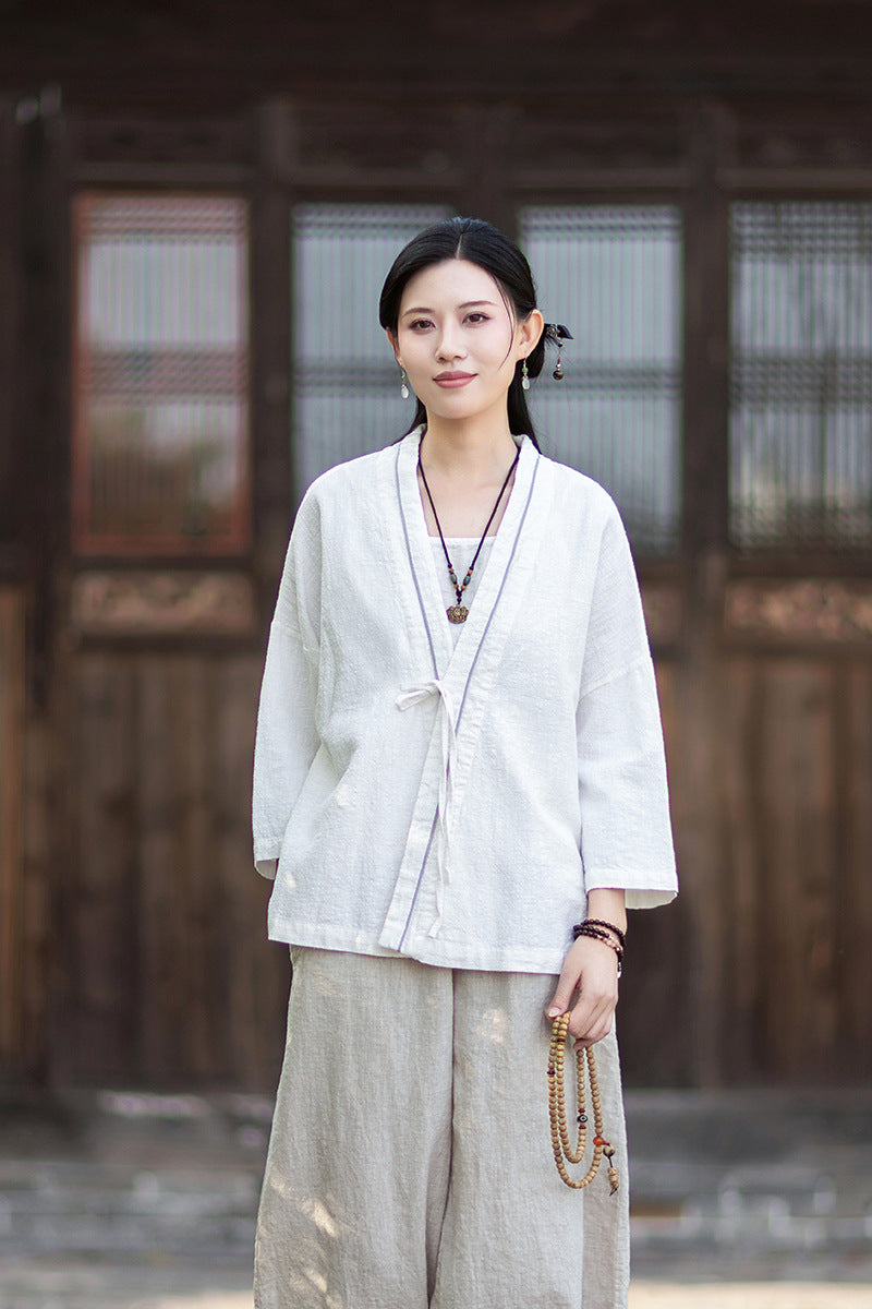 New Cotton-Linen Women's Vintage Zen-Inspired Ramie Tapered-Sleeve Tie-Front Cardigan, Loose-Fit Chinese-Style Jacket 20260511