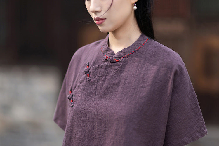Women's Cotton-Linen Retro Zen-Inspired Stand-Collar Shirt with Stitched Buttonholes and Asymmetrical Hem 20260511