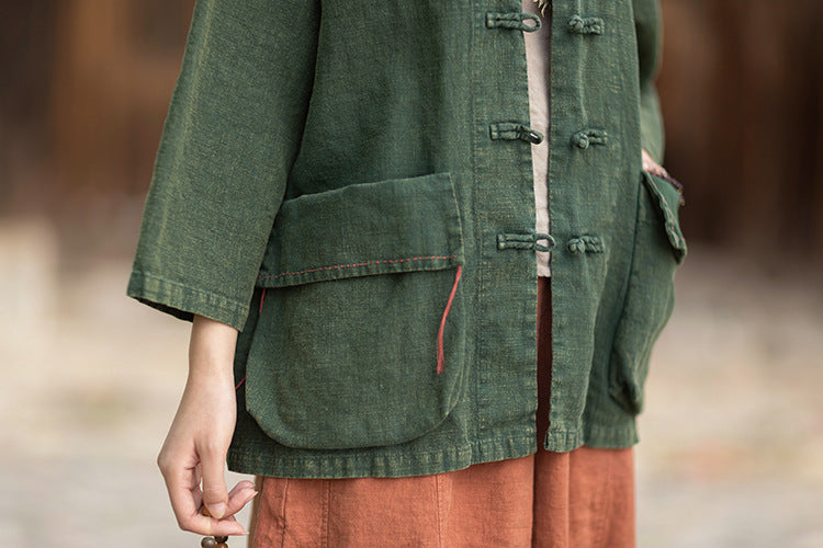 Summer New Arrival: Original Linen Hand-Knotted Button-Down Shirt with Large Pockets for Women – Vintage Distressed Jacket 20260511