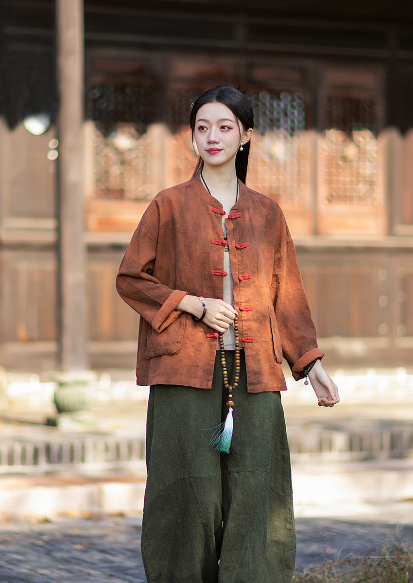 2026 Spring New Arrival: Vintage-inspired, distressed, sand-washed asymmetrical top; niche-style patchwork V-neck cotton-linen button-down cardigan