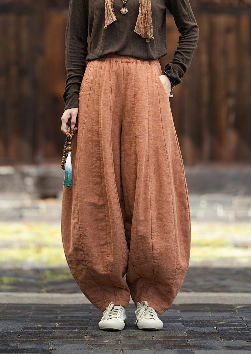 2026 Original New Arrival: Winter Ramie-Cotton Sandwashed Distressed Patchwork Pumpkin-Colored Women's Harem Pants