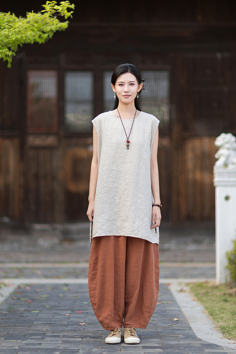 New Vintage-Style Ombré Distressed Versatile Lightweight Sleeveless Dress for Women: Round-Neck Linen Tank Dress 20260511