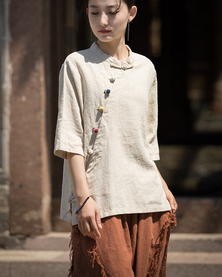 Summer Chinese Tops, Ramie Lapel Vintage Summer Tea Clothes Short Sleeve Shirt，Frog Button Round Collar Shirt