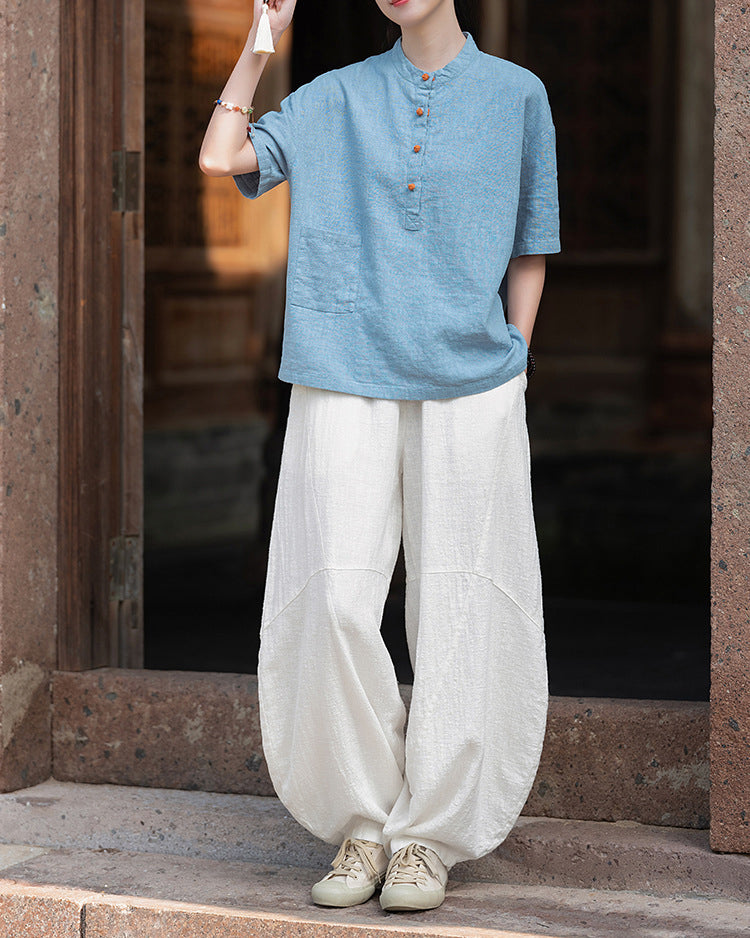 Original cotton  linen women's clothing, summer Chinese retro women's sandwashed cotton T-shirt 20240728