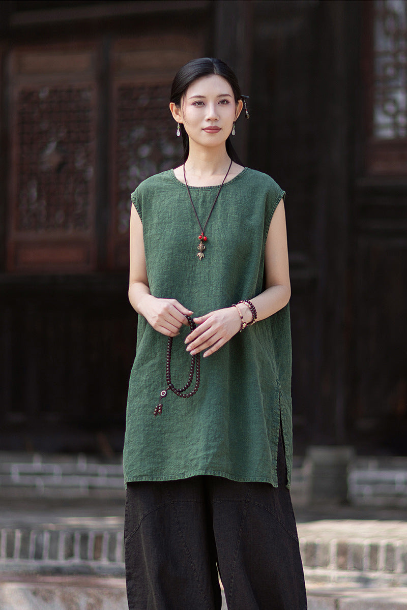 New Vintage-Style Ombré Distressed Versatile Lightweight Sleeveless Dress for Women: Round-Neck Linen Tank Dress 20260511