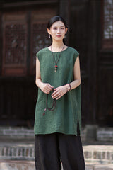 New Vintage-Style Ombré Distressed Versatile Lightweight Sleeveless Dress for Women: Round-Neck Linen Tank Dress 20260511