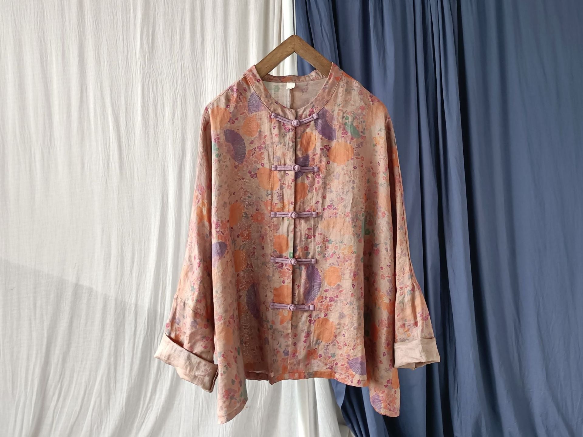 Printed Standing Collar Women Ramie Frog Button Shirt, Summer Vintage Loose Light Cardigan 20240802