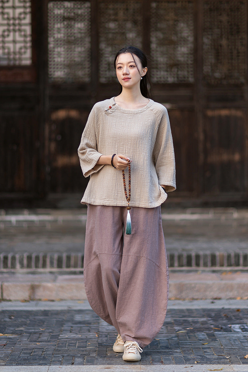 2026 Spring New Arrival: Retro-Chic Cotton-Linen Women's Round-Neck Color-Blocked Button-Down Blouse, Pullover T-Shirt