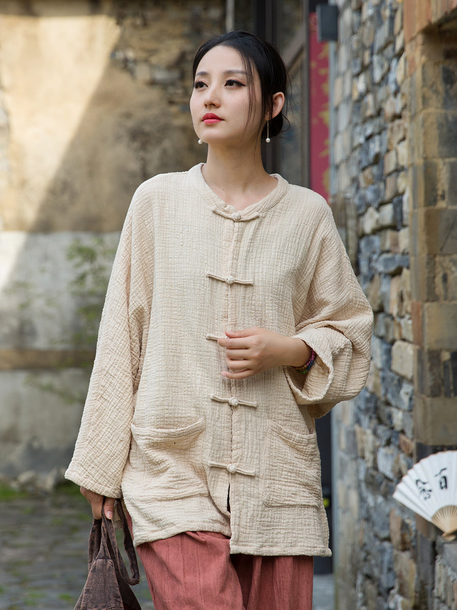 Summer Chinese loose cardigan, cotton linen washed frog long shirt 20250604