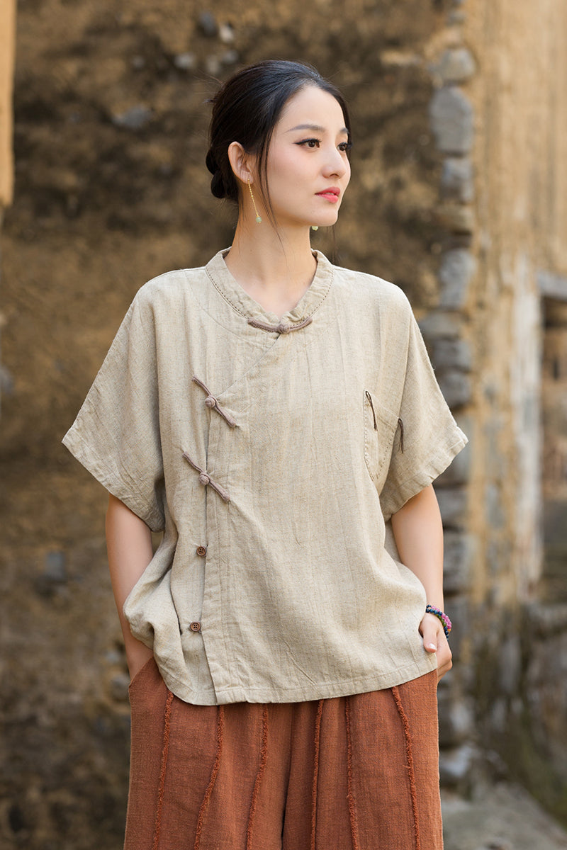 Women's Summer Chinese Short Sleeve Shirt, Vintage Cotton  Linen Casual Frog Button Shirt 20250604