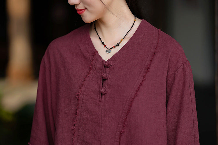 Woman Vintage Chinese Long Sleeve Cotton Linen Shirt with Embroidery V-Neck Loose Top 20240920