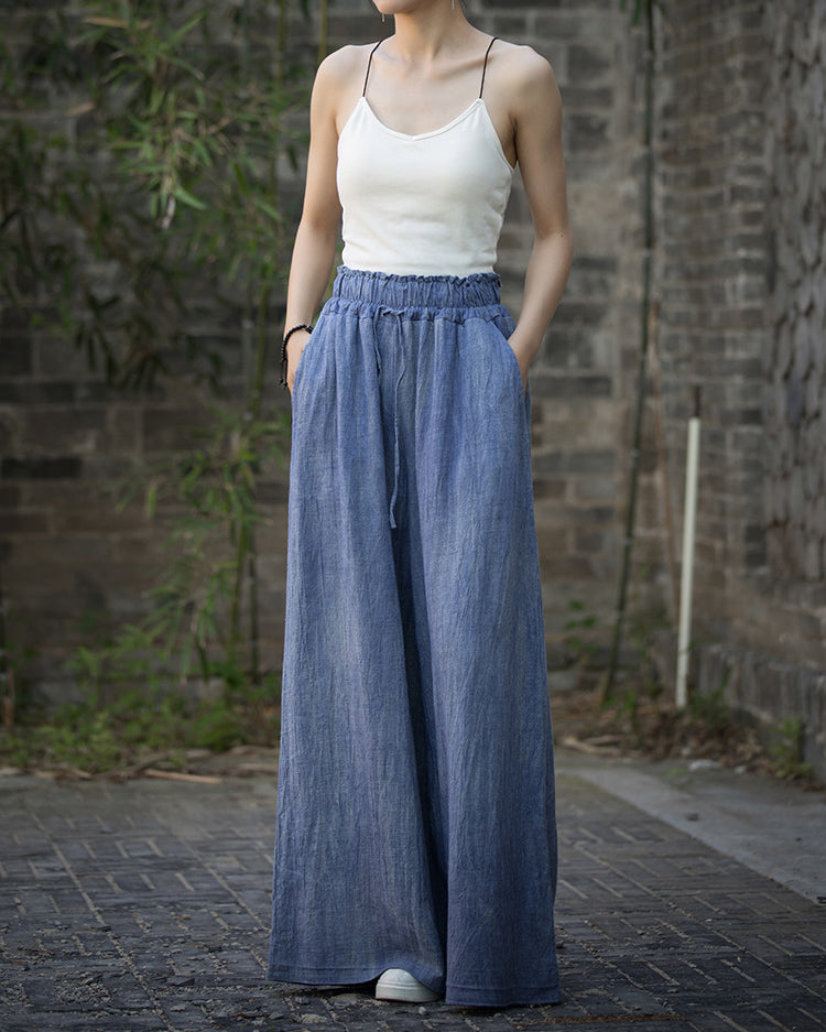 Ramie Handmade Tie-Dye Tied Mid-Waist Wide-Leg Pants, Vintage Elastic Waist Casual Trousers 20240722