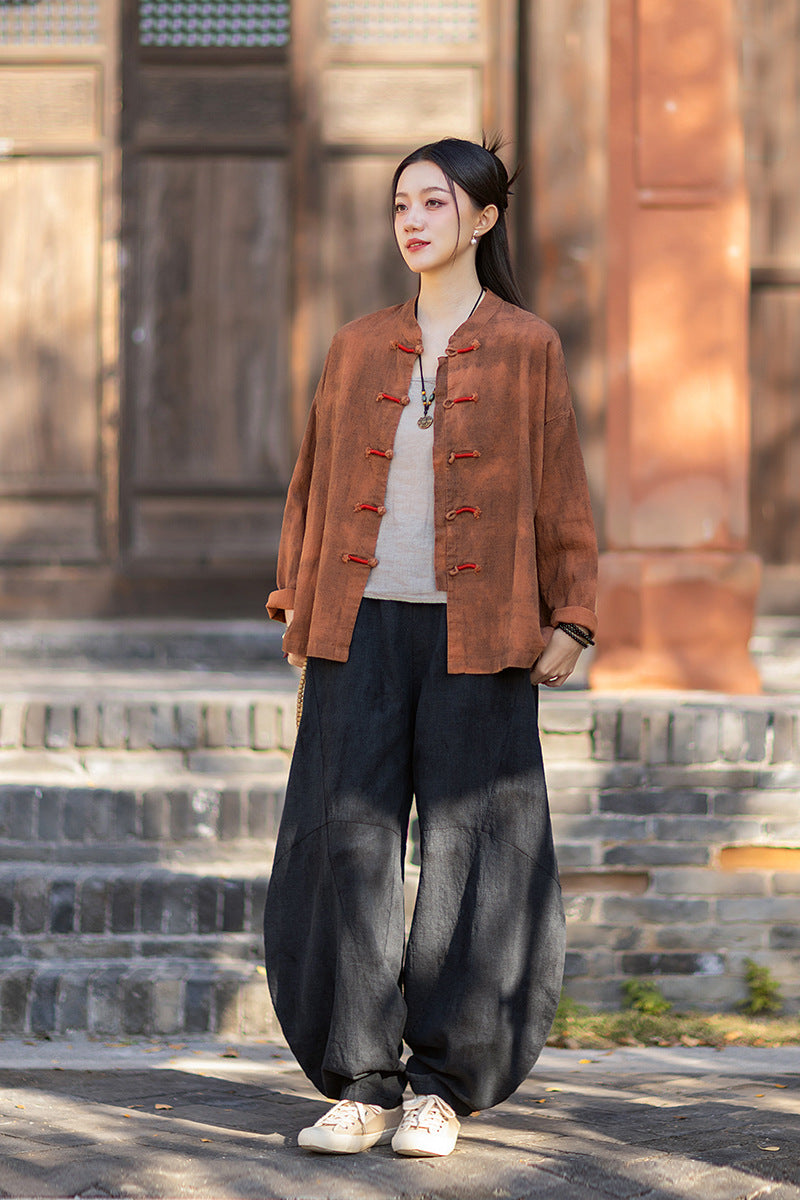 2026 Spring New Arrival: Chinese-Style Retro Double-Breasted Color-Blocked Button-Down Shirt, Women's Modernized Stand-Up Collar Ombre-Dye Tang-Style Cardigan