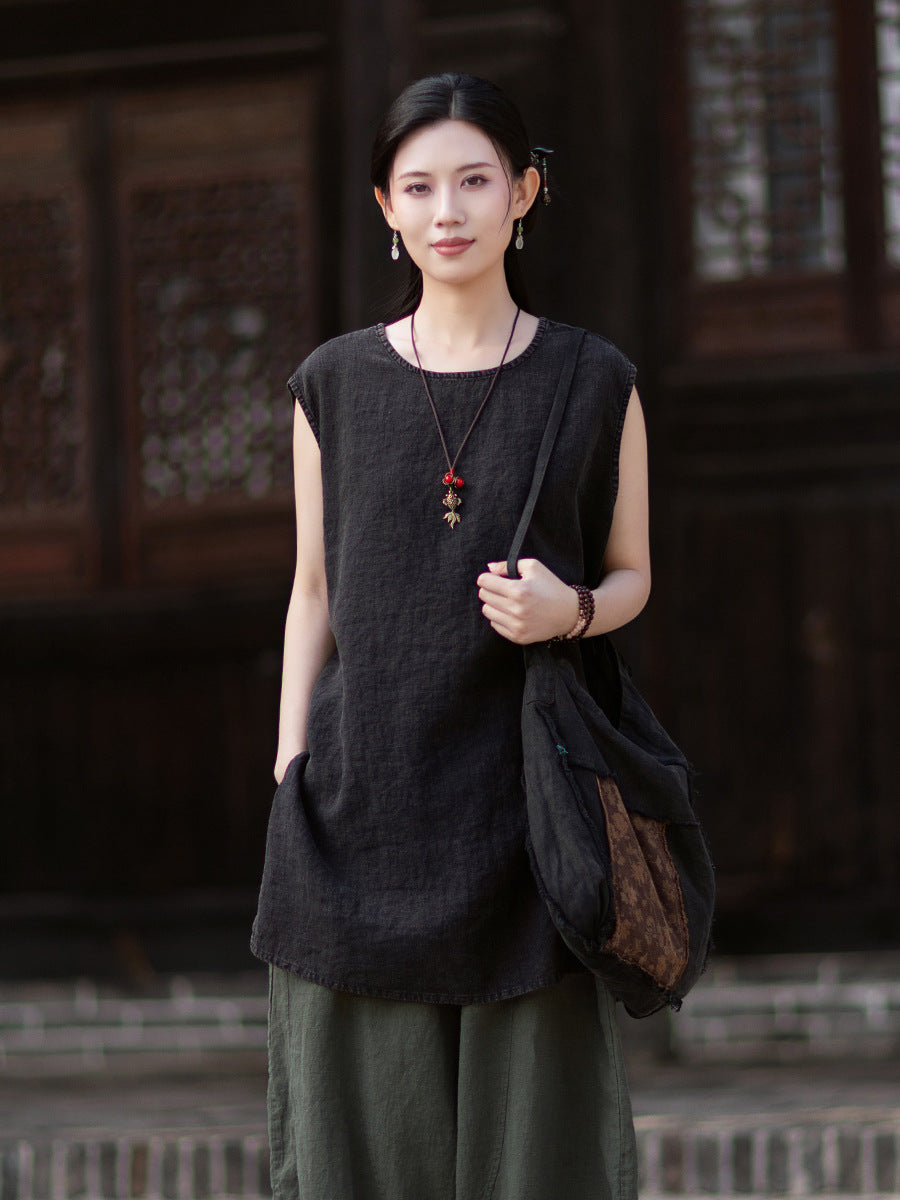 New Vintage-Style Ombré Distressed Versatile Lightweight Sleeveless Dress for Women: Round-Neck Linen Tank Dress 20260511