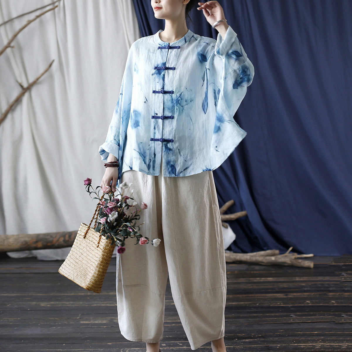 Printed Standing Collar Women Ramie Frog Button Shirt, Summer Vintage Loose Light Cardigan 20240802