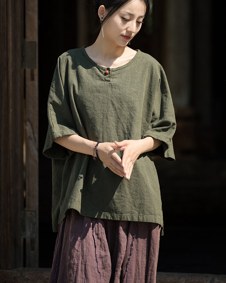 Summer Cotton Chinese t-shirt,Ramie Sand Washed Plate Button Women's Short Sleeve T-Shirt 20240714