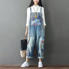 Printed cotton overalls, women's denim washed overalls