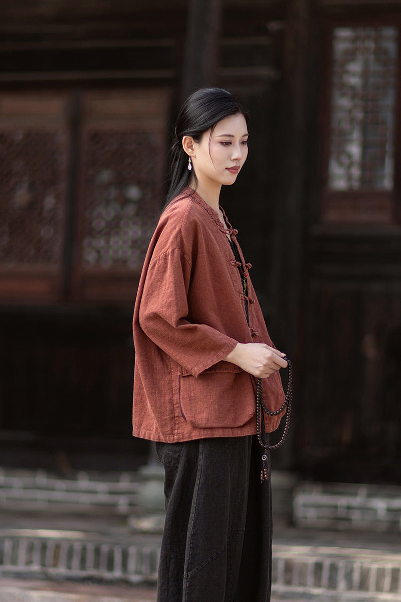 Summer New Arrival: Original Linen Hand-Knotted Button-Down Shirt with Large Pockets for Women – Vintage Distressed Jacket 20260511
