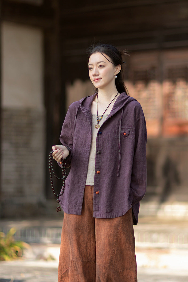 2026 Spring New Arrival: Oversized Casual Hooded Color-Blocked Button-Down Shirt, Women's Sandwashed Cotton-Linen Jacket
