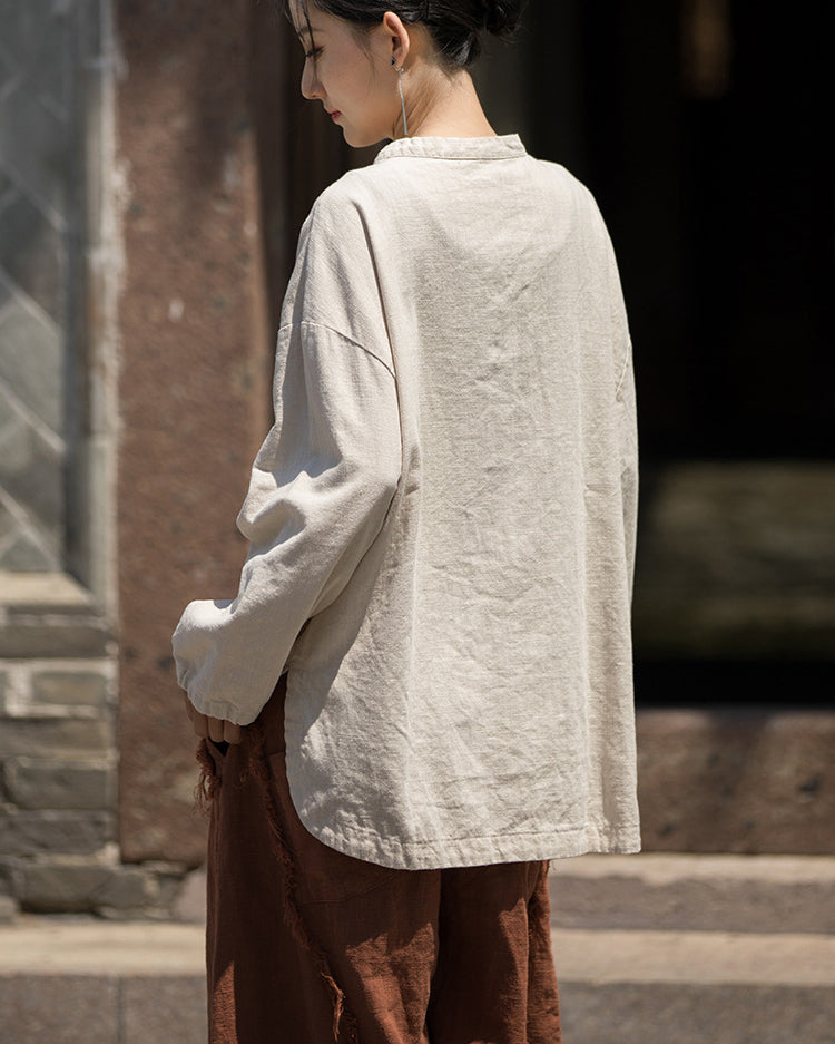 Summer cotton linen Chinese stand-up collar shirt, sandwashed frog button women's long-sleeved shirt 20240714