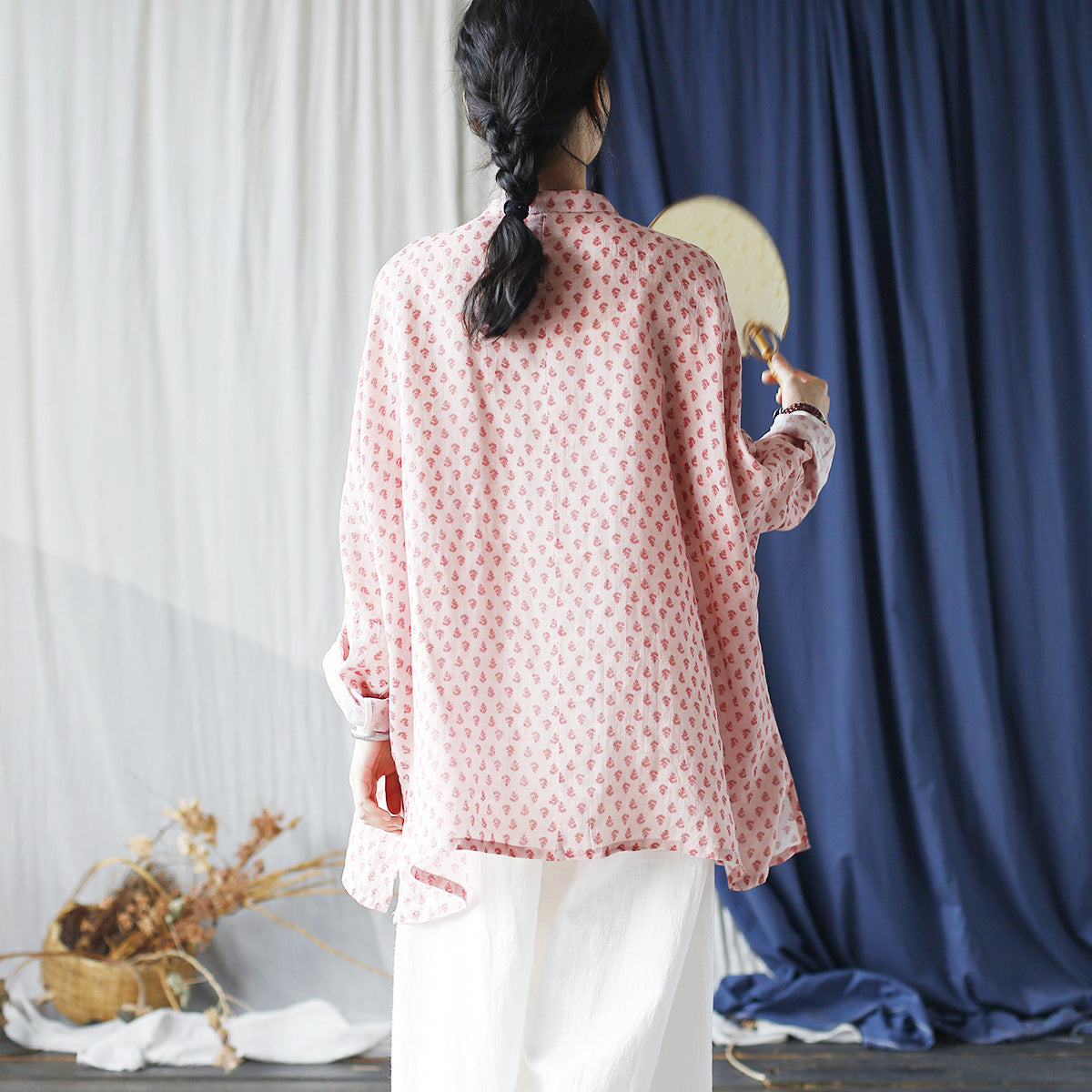Loose Summer Printed Ramie Shirt, Standing Collar Frog Button Chinese Casual Shirt 20240803