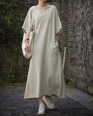 Women loose cotton linen dress plus, V-Neck Handmade Tie-Dye Dress,Loose Cotton Linen Dress 20240714