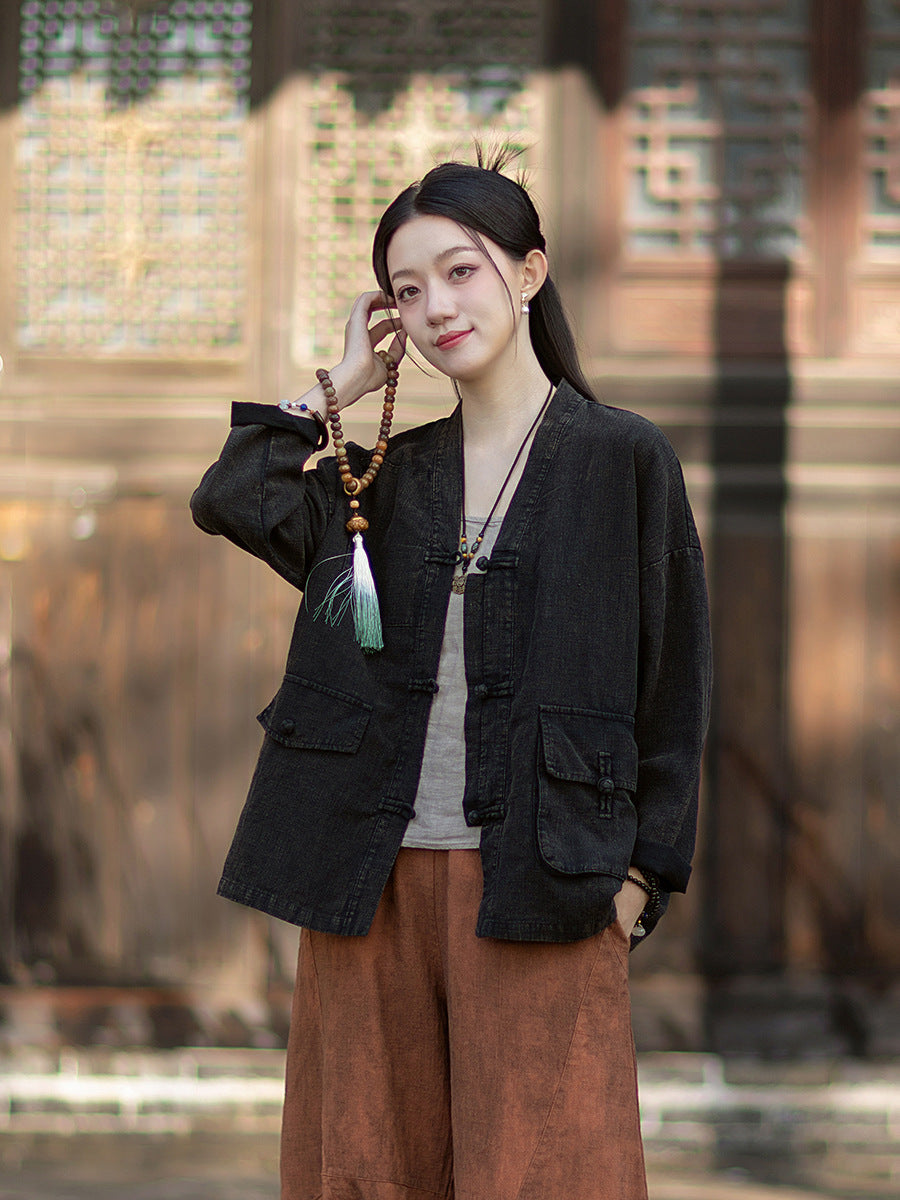 2026 Spring New Arrival: Vintage-inspired, distressed, sand-washed asymmetrical cardigan; niche-style patchwork V-neck cotton-linen jacket with button closures