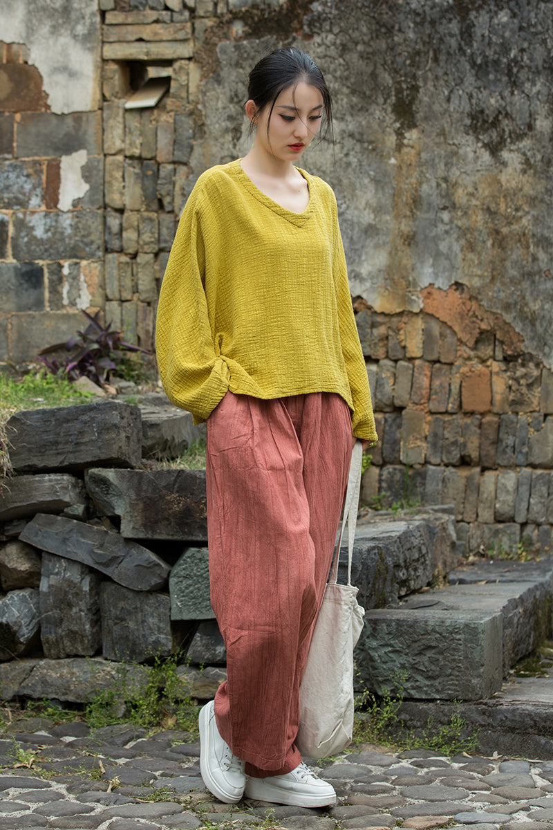 Vintage Summer Chinese Boat Collar Long Sleeve Shirt, Cotton  Linen Washed Frog Long T-Shirt 20250604