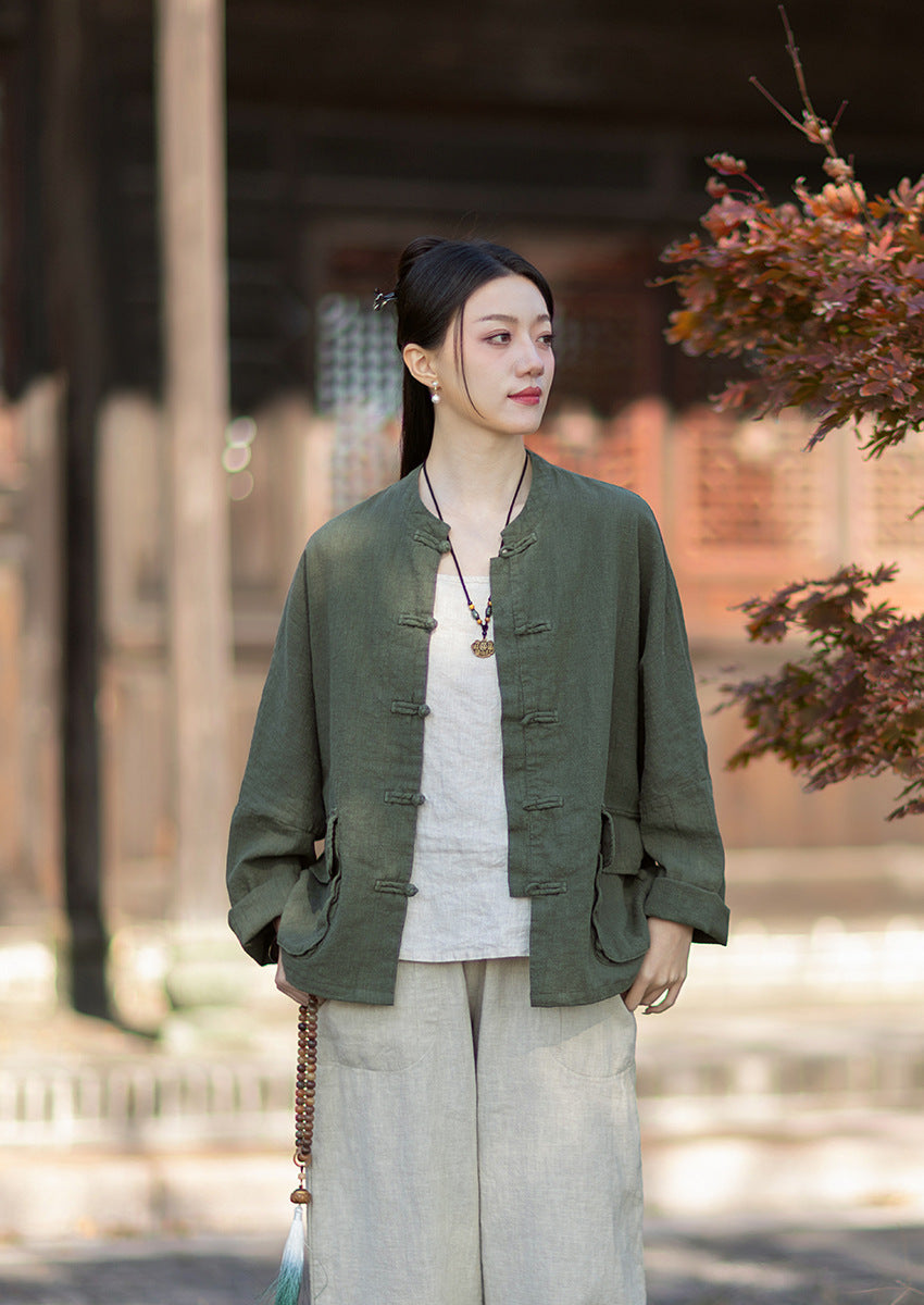 2026 Spring New Arrival: Original Vintage-Inspired Linen-Cotton Women's Cardigan, Loose-Fit Jacket with Stand-Up Collar and Button Closure
