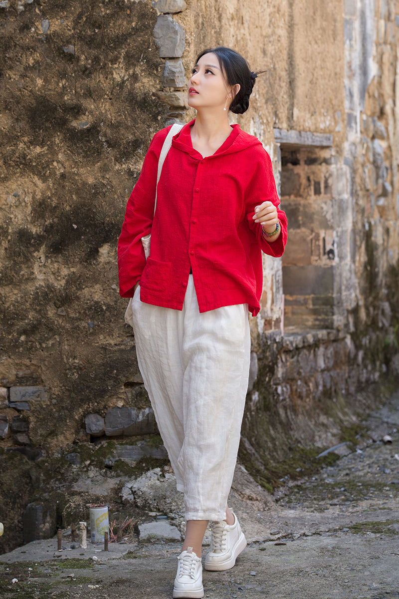Ladies Summer Chinese Loose Frog Button Hoodie, Vintage Cotton and Linen Casual Shirt 20250604
