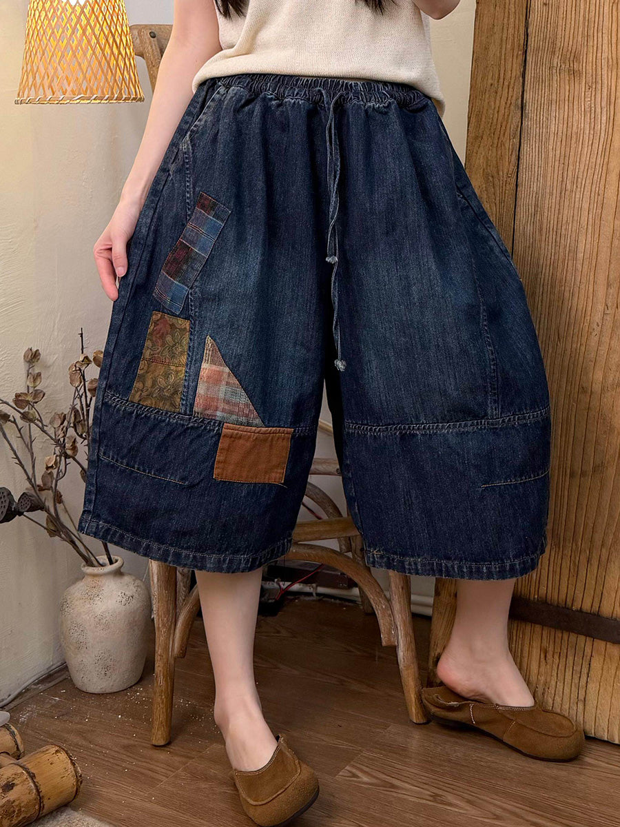Vintage Patchwork Denim Ankle-Length Wide-Leg Pants，Women Summer Retro Patchwork Denim Wide-leg Pants