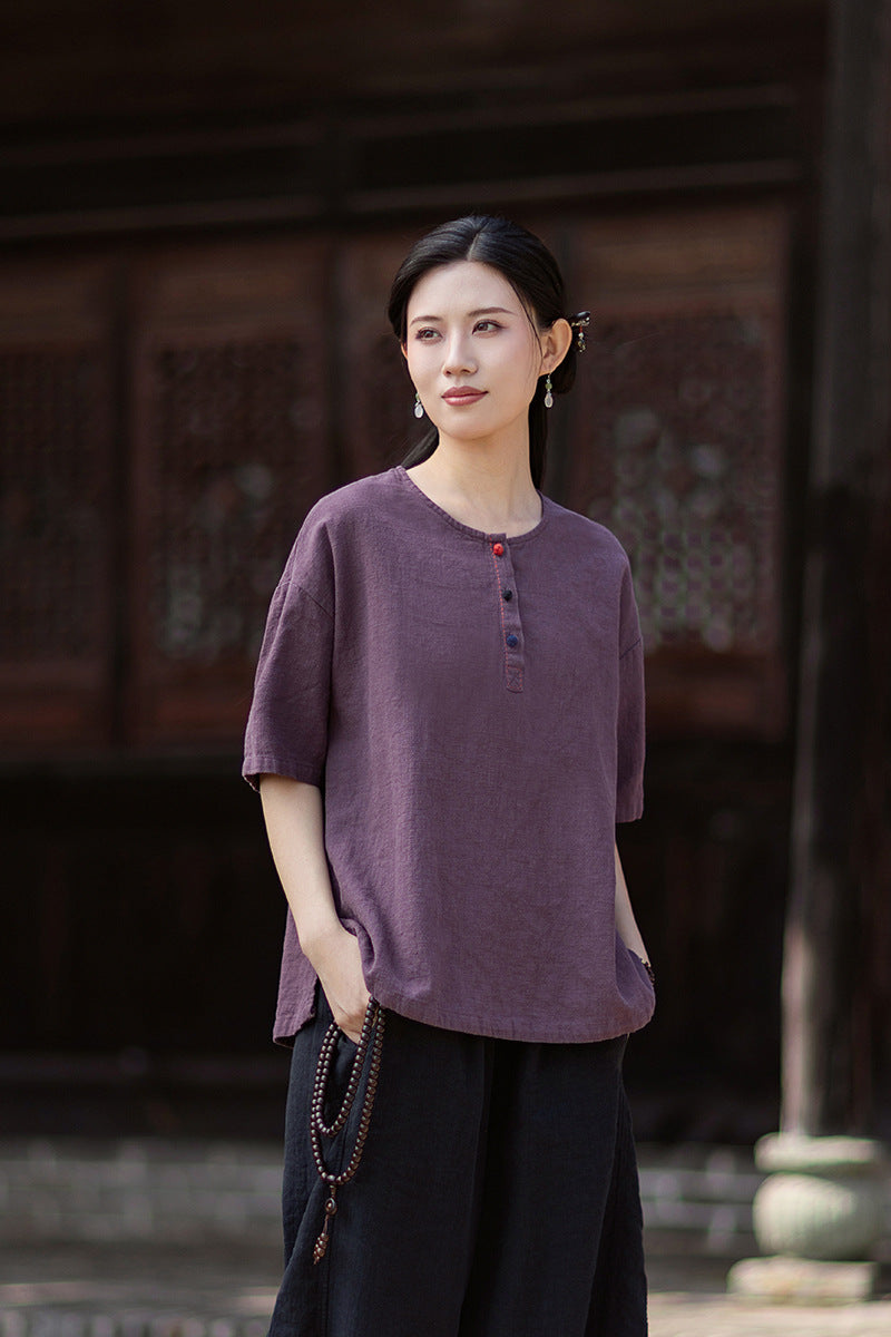 Round-Neck Chinese-Style Blouse: New Summer Style, Retro-Chic, Stitched Color-Blocking, Button-Front Short-Sleeve T-Shirt 20260511