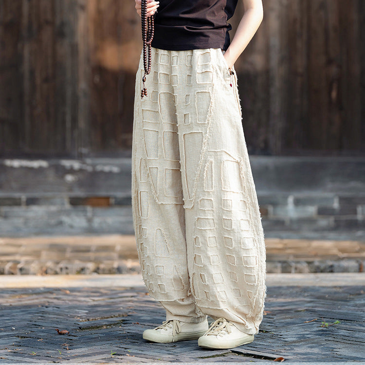 Original personality patchwork natural burlap linen lantern pants personality female wide-legged pants (fall and winter) 20240920