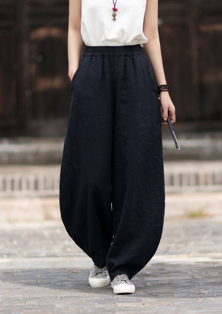 Summer Loose-Fit Zen-Inspired Boho Retro Elastic Waist Slimming Drapey Casual Pants Linen Bell-Bottom Pants 20260511