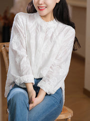 Women Summer Artsy Embroidery Cotton Shirt,Women's White Shirt with Lace Embroidery and Round Neckline
