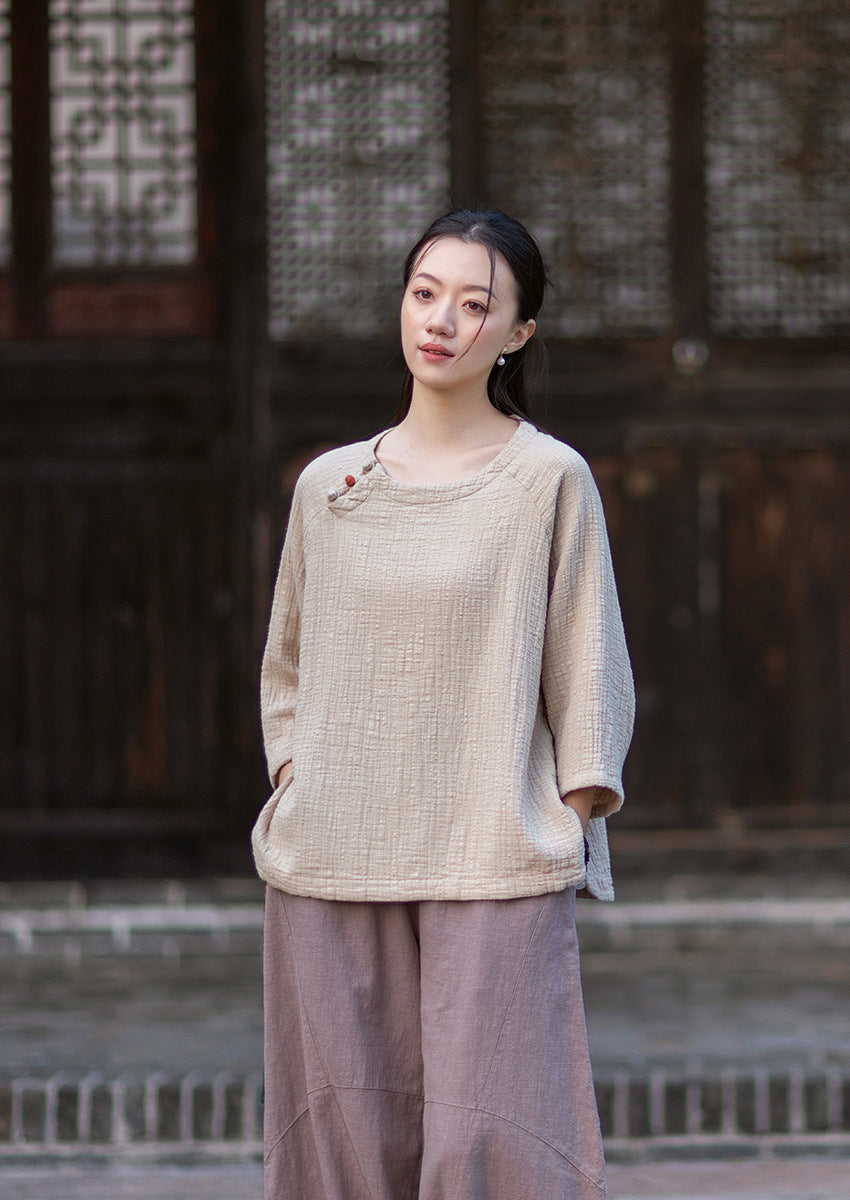 2026 Spring New Arrival: Retro-Chic Cotton-Linen Women's Round-Neck Color-Blocked Button-Down Blouse, Pullover T-Shirt