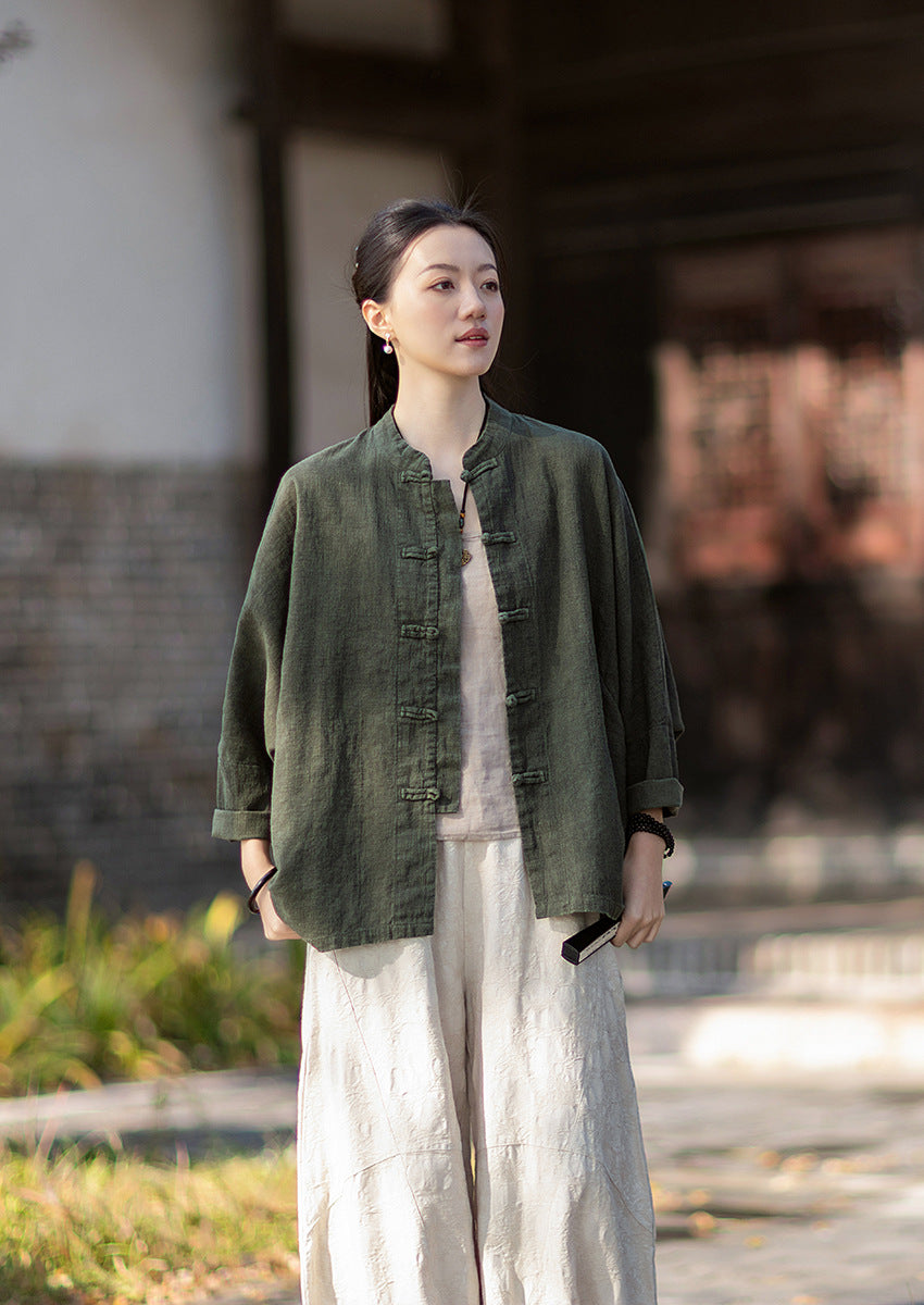 2026 Spring New Arrival: Original Cotton-Ramie Shirt for Women, Vintage Stand-Up Collar Ombré Chinese-Style Wrap-Front Cardigan
