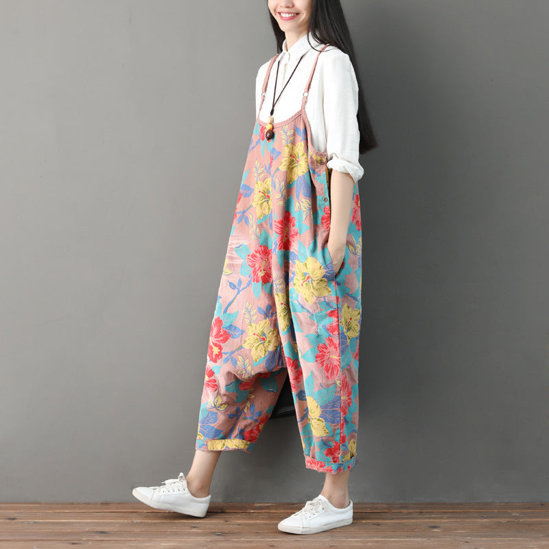 Printed floral cotton overalls, women's denim overalls, stonewashed loose overalls