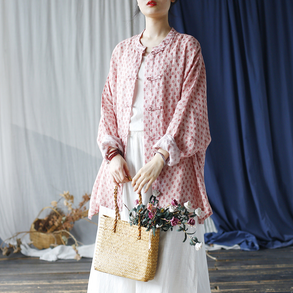 Loose Summer Printed Ramie Shirt, Standing Collar Frog Button Chinese Casual Shirt 20240803