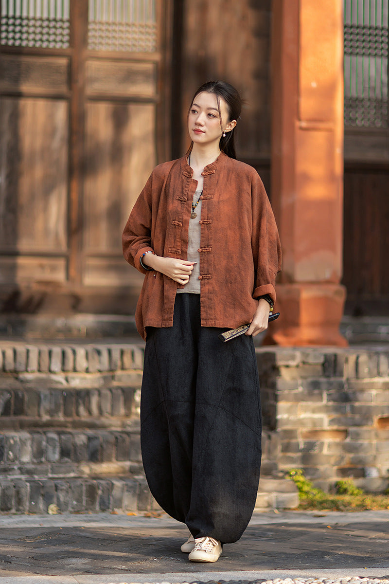 2026 Spring New Arrival: Original Cotton-Ramie Shirt for Women, Vintage Stand-Up Collar Ombré Chinese-Style Wrap-Front Cardigan