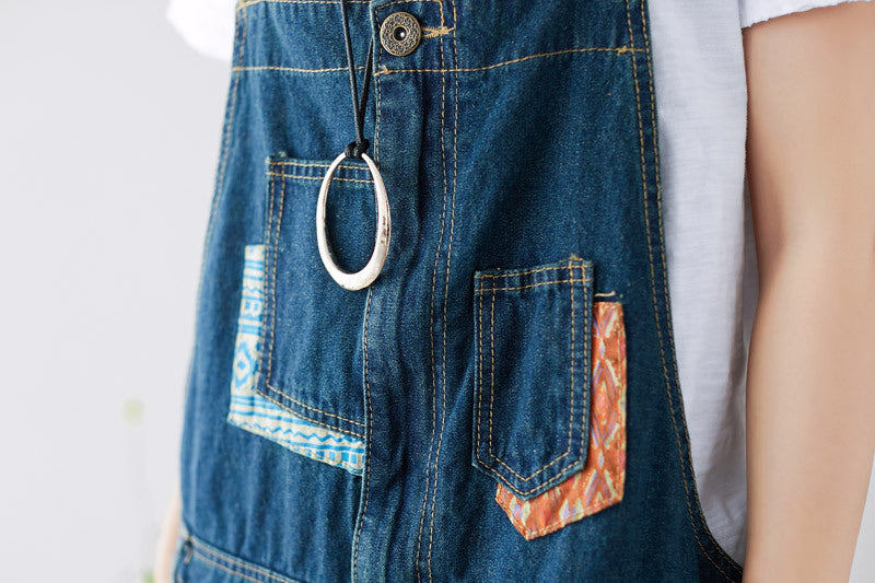 Patchwork stonewashed cotton overalls, women's denim washed overalls