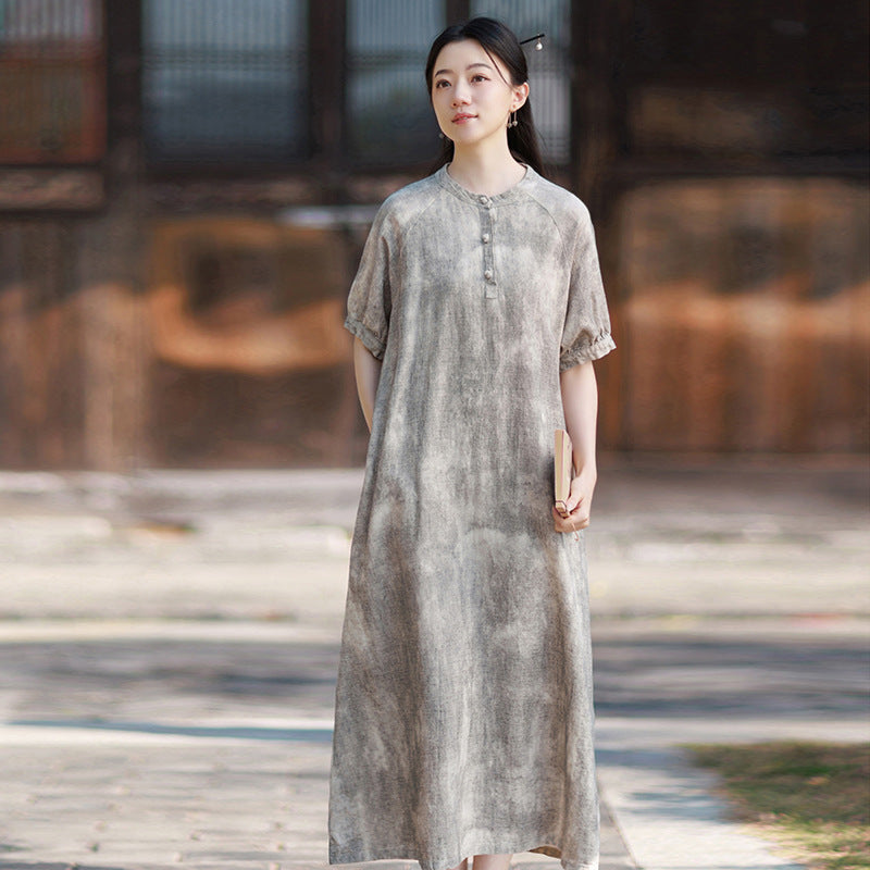 2026 Summer Ramie New Chinese-Style Modified Maxi Dress, French-Style Puffed-Sleeve Maxi Dress