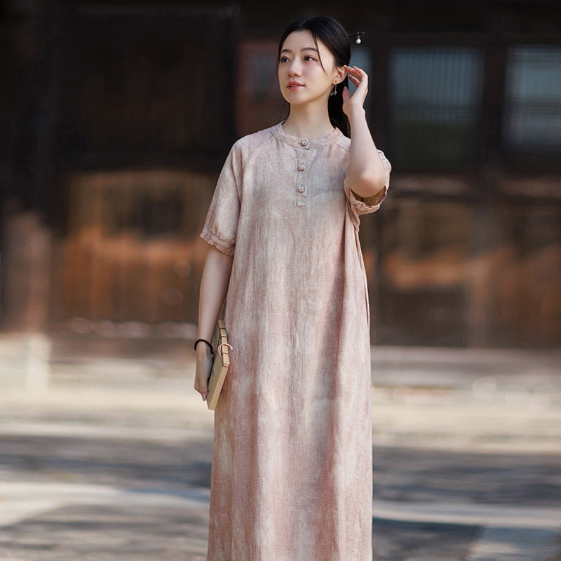 2026 Summer Ramie New Chinese-Style Modified Maxi Dress, French-Style Puffed-Sleeve Maxi Dress
