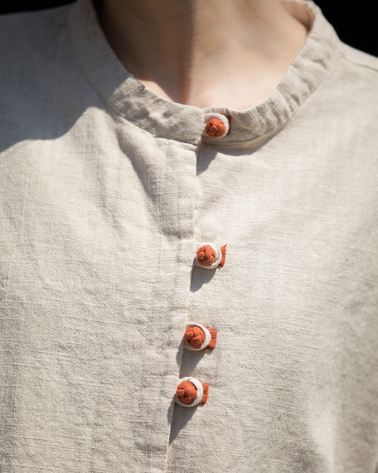 Summer cotton linen Chinese stand-up collar shirt, sandwashed frog button women's long-sleeved shirt 20240714