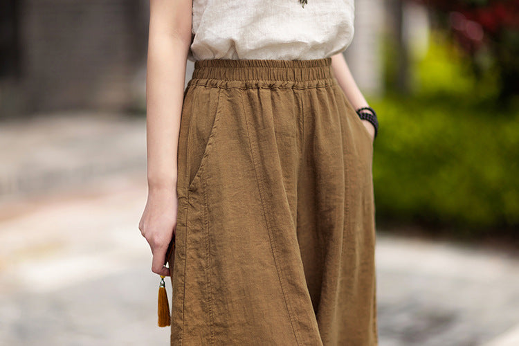 Women's Cotton-Linen Artistic Retro Loose Ramie Skirt-Pants – Versatile Relaxed-Fit Wide-Leg Pants with Elastic Waist – 20260511