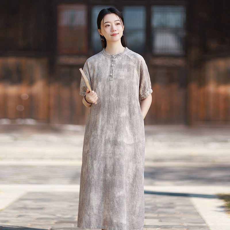 2026 Summer Ramie New Chinese-Style Modified Maxi Dress, French-Style Puffed-Sleeve Maxi Dress