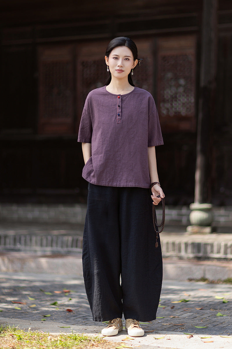 Round-Neck Chinese-Style Blouse: New Summer Style, Retro-Chic, Stitched Color-Blocking, Button-Front Short-Sleeve T-Shirt 20260511
