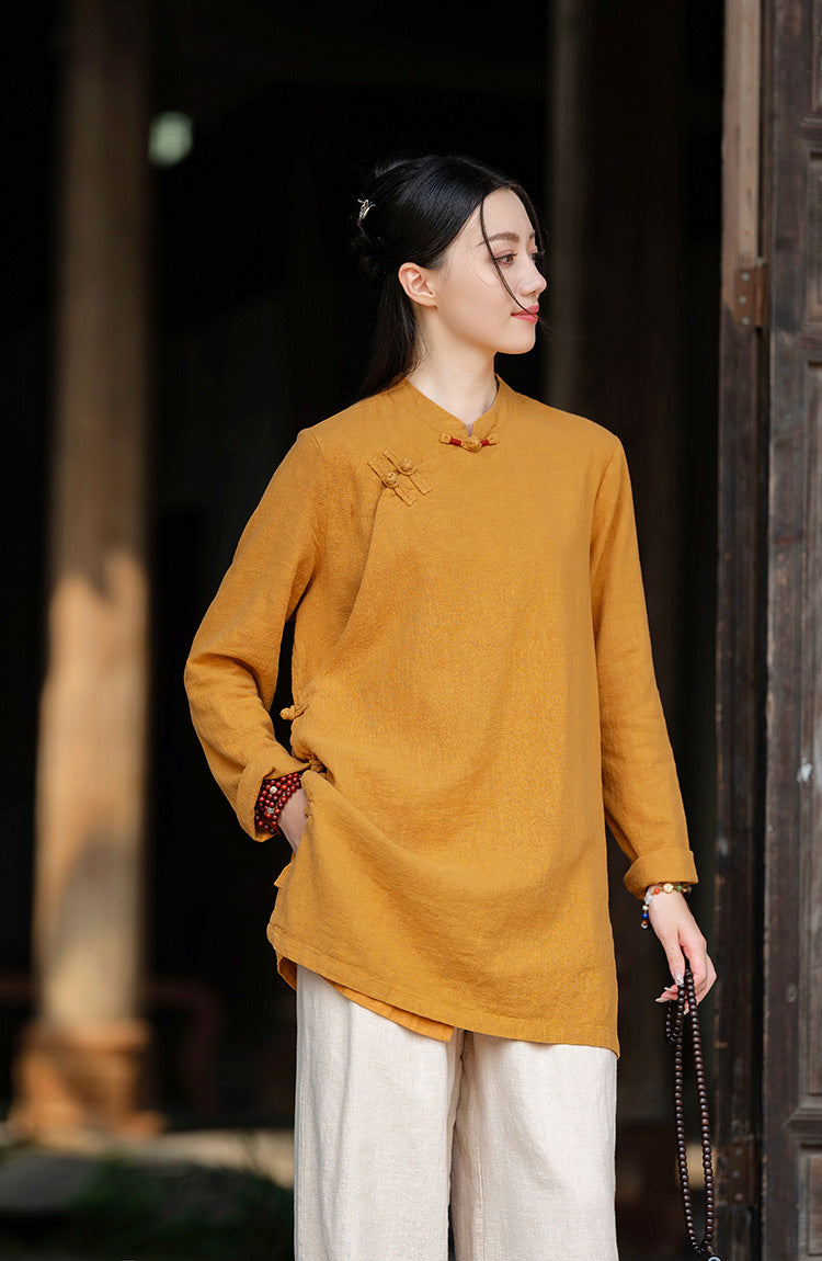 2026 Spring New Arrival: Retro Cotton-Linen Chinese-Style Stand-Collar, Color-Blocked, Button-Fastened, Wrap-Front Blouse for Women – Zen Tea Attire