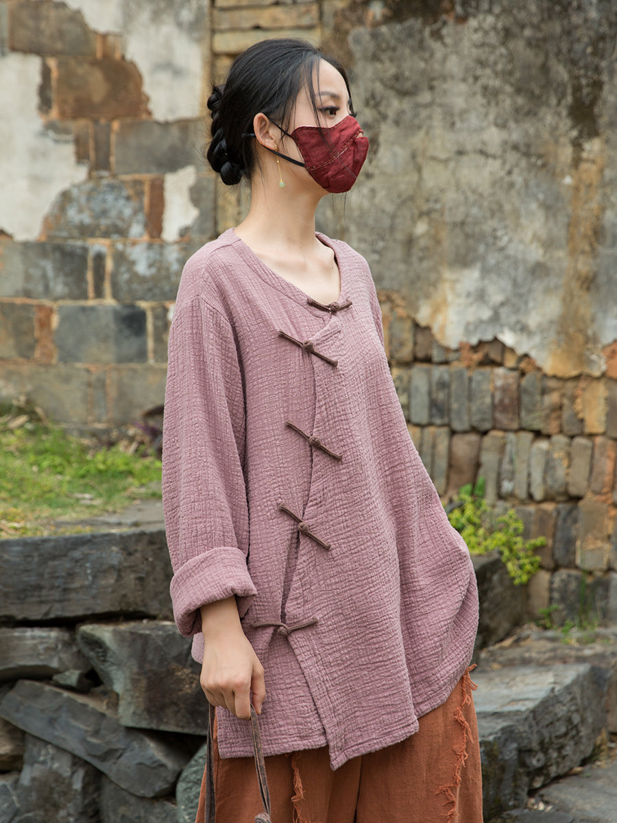 Vintage Summer Chinese Boat Collar Long Sleeve Shirt, Cotton  Linen Washed Frog Long T-Shirt 20250604