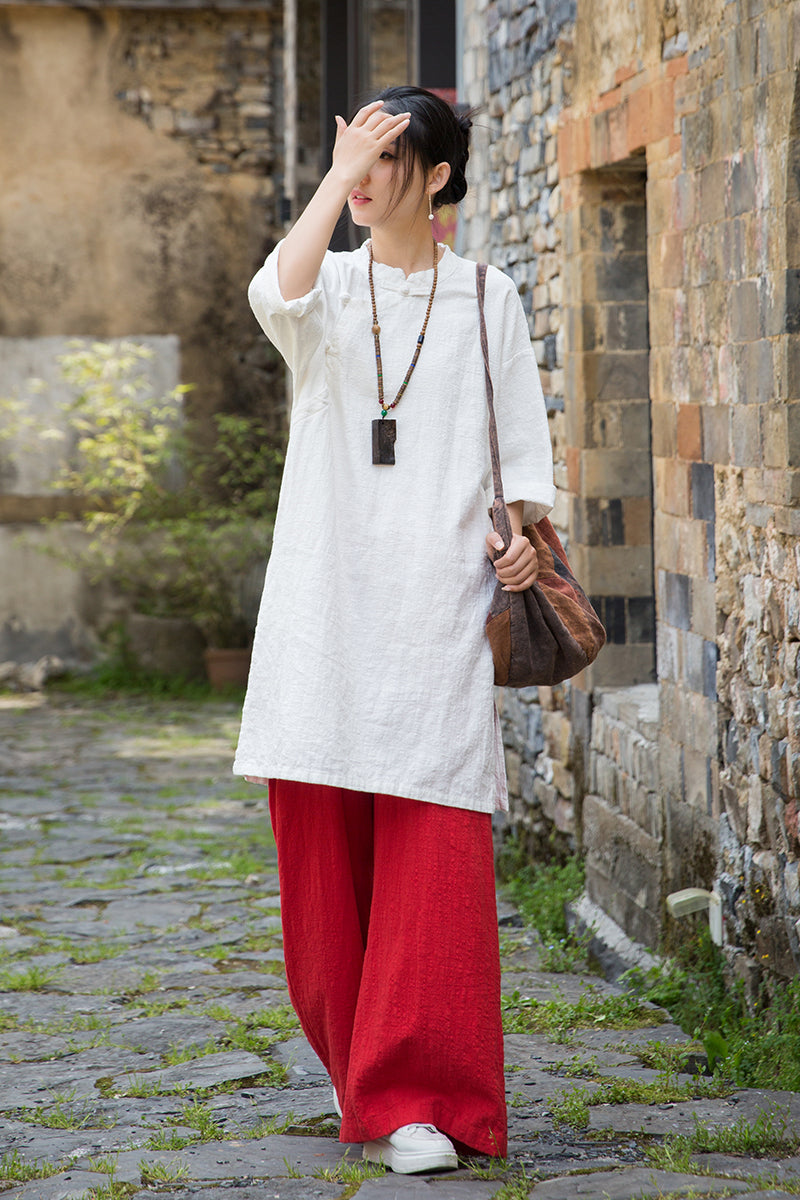 Women's summer Chinese loose frog button cheongsam, retro cotton  linen casual long shirt20250604